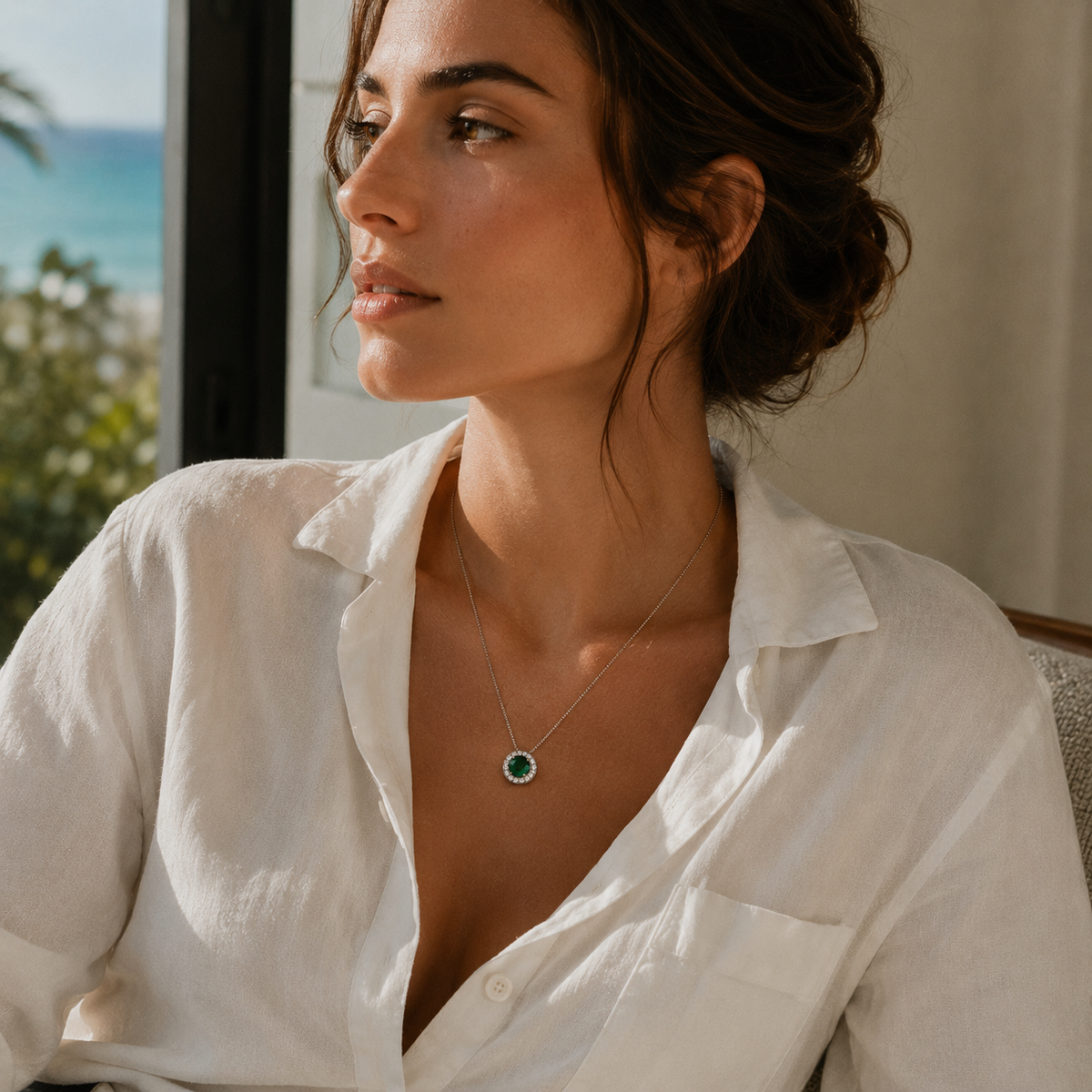 Aura emerald halo pendant necklace