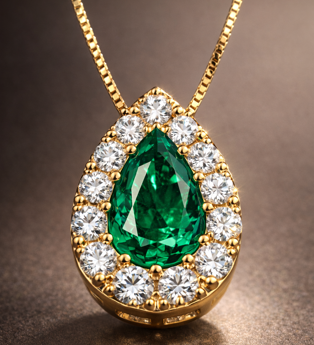 Aurora Colombian Emerald Halo Pendant Necklace — The Pear Cut