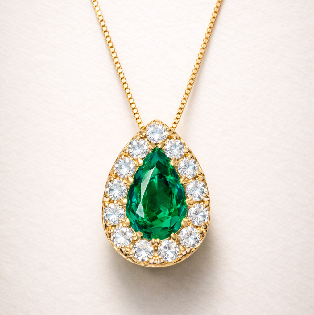 Aurora Colombian Emerald Halo Pendant Necklace