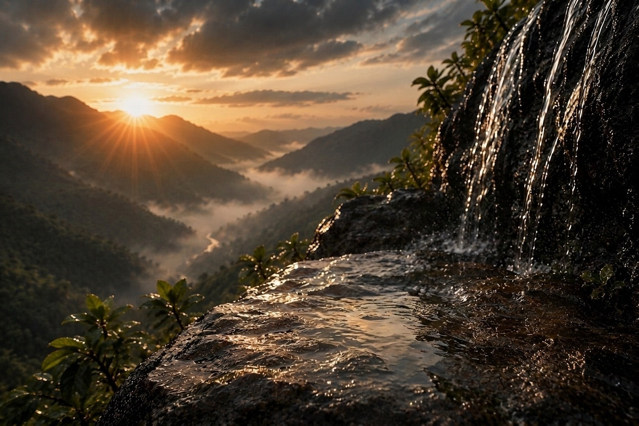 Misty Colombian Andes valley at sunrise, with a waterfall over a wet rock ledge